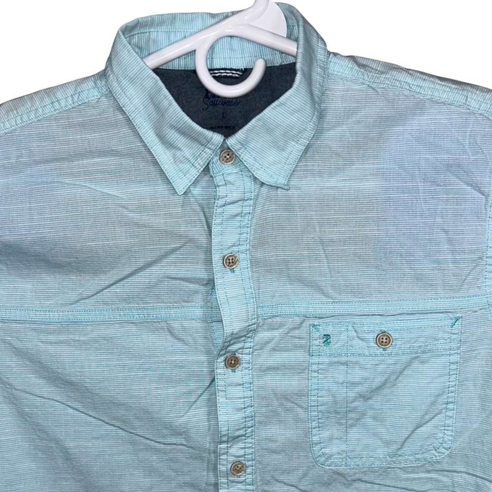IZOD Saltwater Mens Large Light Blue Striped Short Sleeve Button Down‎ Shirt